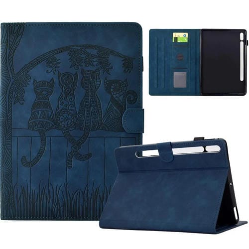 Funda inteligente de cuero con relieve de gatos para Samsung Galaxy Tab S10 FE+ (azul oscuro)