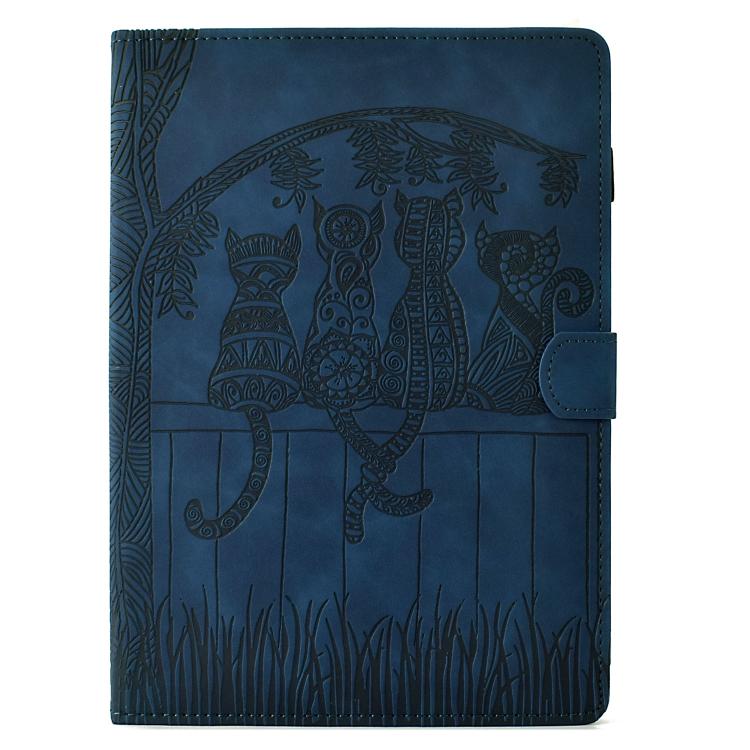 Funda inteligente de cuero con relieve de gatos para Samsung Galaxy Tab S10 FE+ (azul oscuro)