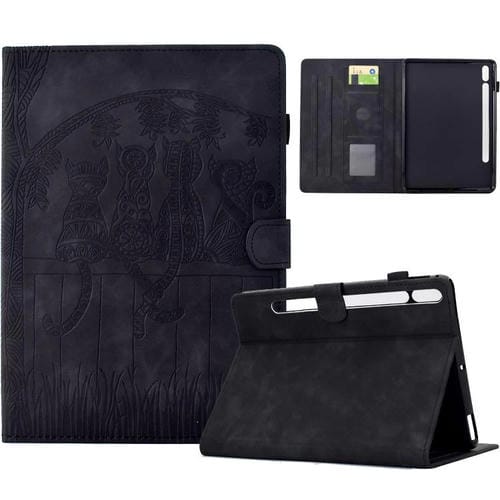 Funda de cuero con relieve de gatos para Samsung Galaxy Tab S10 FE+ (negra)