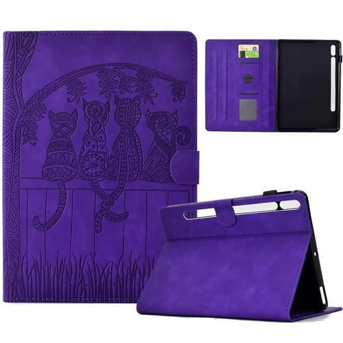Funda de piel con relieve de gatos para Samsung Galaxy Tab S10 FE+ (morada)