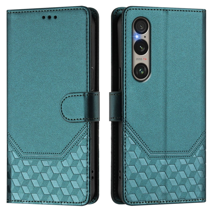 Funda de Cuero Rfid con Relieve en Panal para Sony Xperia 1 Vi (2024) (Verde Pavo Real)