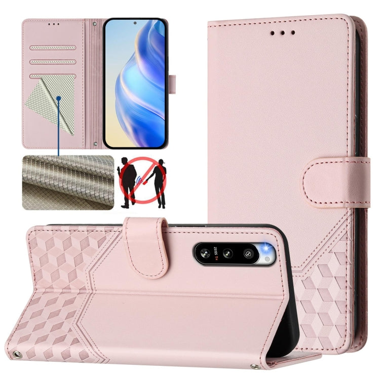 Funda de Cuero Rfid con Relieve en Panal para Sony Xperia 5 IV (Rosa)