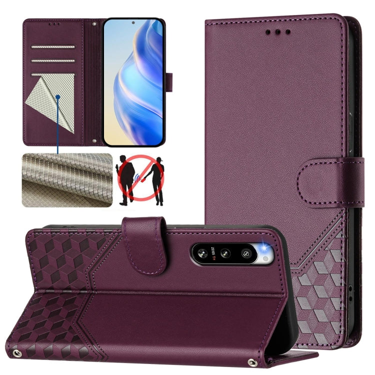 Funda de Cuero Rfid con Relieve en Panal para Sony Xperia 5 Iv (Violeta)