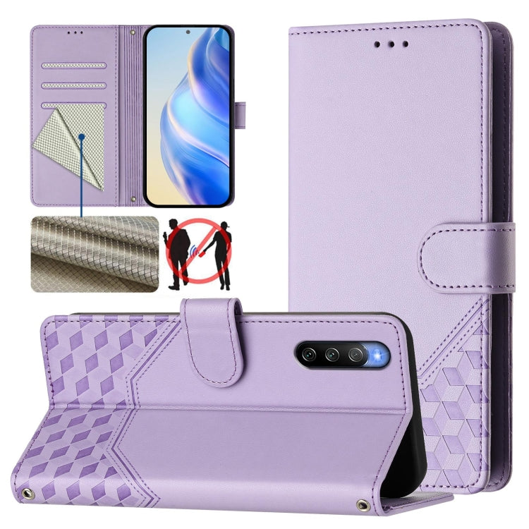 Funda de Cuero Rfid con Relieve en Panal para Sony Xperia 10 V (2023) (Morado Claro)