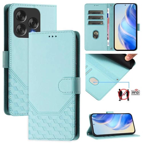 Funda de Cuero Rfid para ZTE Blade V70 con Diseño Panal de Abeja y Relieve (Verde Menta)