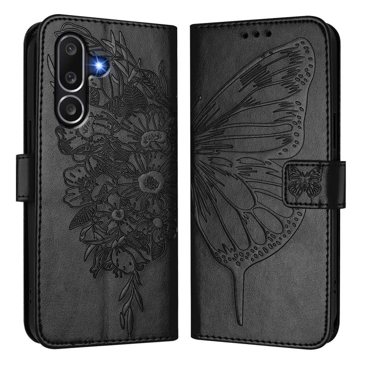 Funda de piel con diseño de mariposa en relieve para Samsung Galaxy M56 5G (negra)