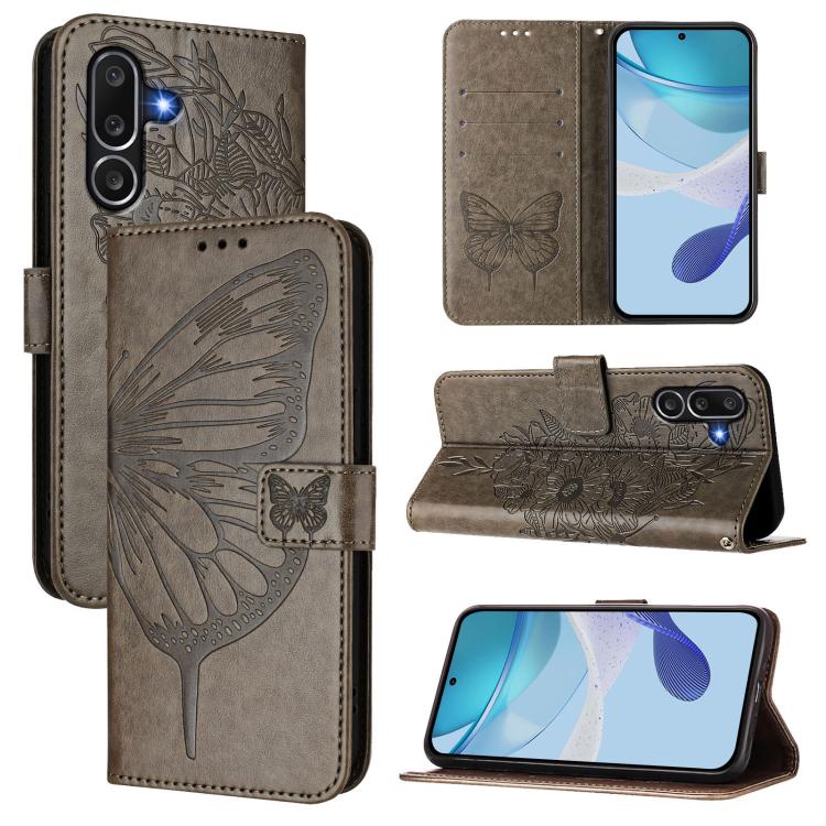 Funda de piel con diseño de mariposa en relieve para Samsung Galaxy M56 5G (gris)