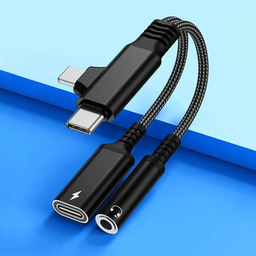 Cable Adaptador de Audio 4 en 1 Usb-C Tipo-C 8 Pines a 3,5 mm (Negro)