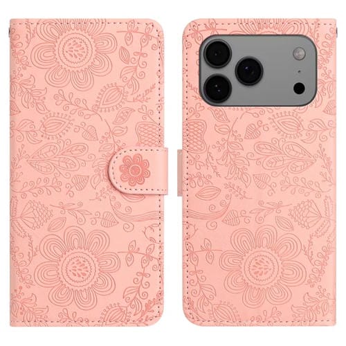 Funda de cuero con estampado floral en relieve para iPhone 17 Pro Max (rosa)