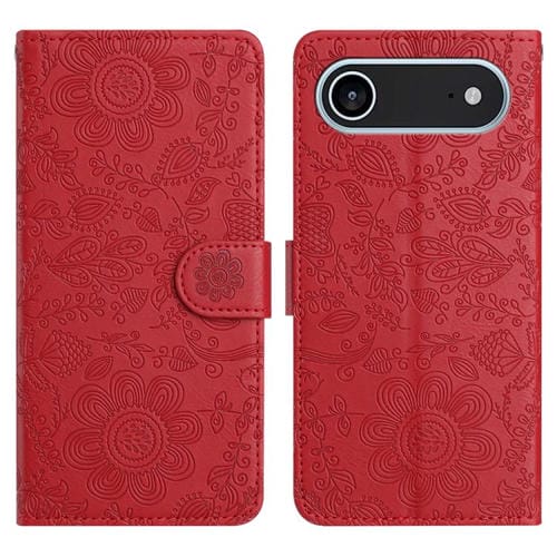 Funda de cuero con estampado floral en relieve para iPhone 17 Air (roja)