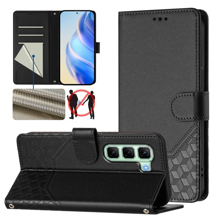Funda de Cuero Rfid con Relieve en Panal para Infinix Hot 50 4G (Negra)