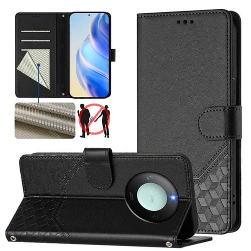 Funda de Cuero Rfid con Relieve de Panal para Honor X9C 5G (Negro)
