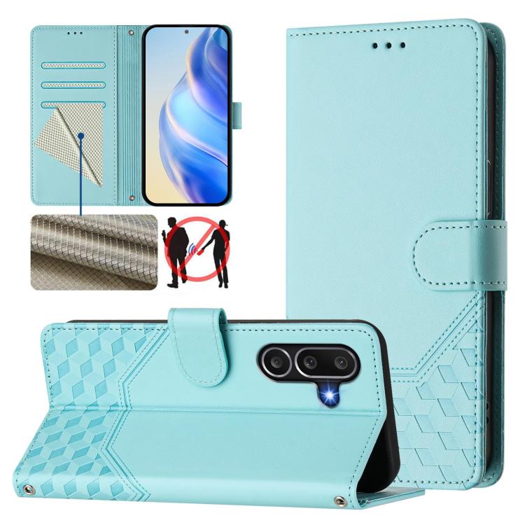 Funda de piel con relieve de panal RFID para Samsung Galaxy M56 5G (verde menta)