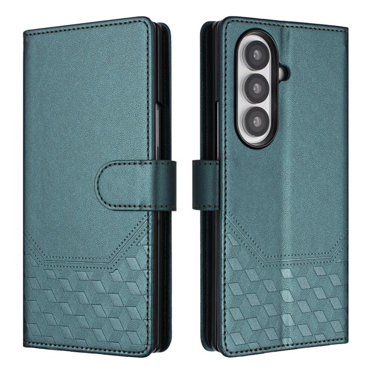 Funda de cuero con relieve de panal RFID para Samsung Galaxy Z Fold7 5G (verde pavo real)