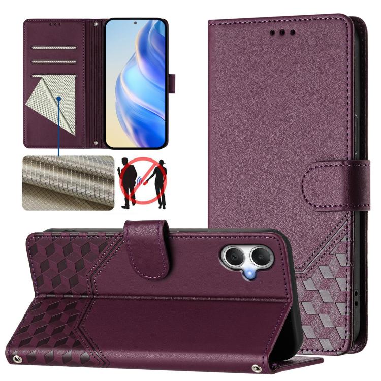 Funda de piel con relieve de panal RFID para Samsung Galaxy A07 4G (violeta)