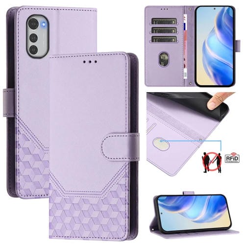 Funda de Cuero Rfid con Relieve en Panal para Motorola Moto E32 4G (Morado Claro)