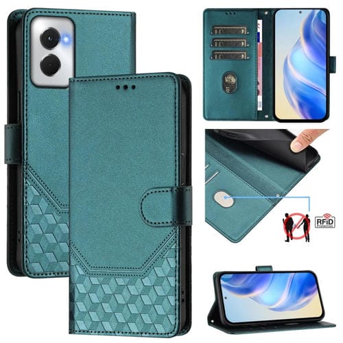 Funda de Cuero RFID con Relieve en Panal para Motorola Moto G Power 5G (2024) (Verde Pavo Real)