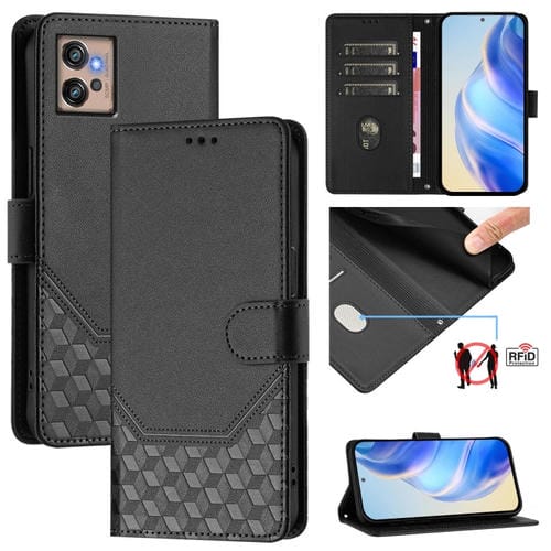 Funda de Cuero Rfid con Relieve en Panal para Motorola Moto G32 (Negra)