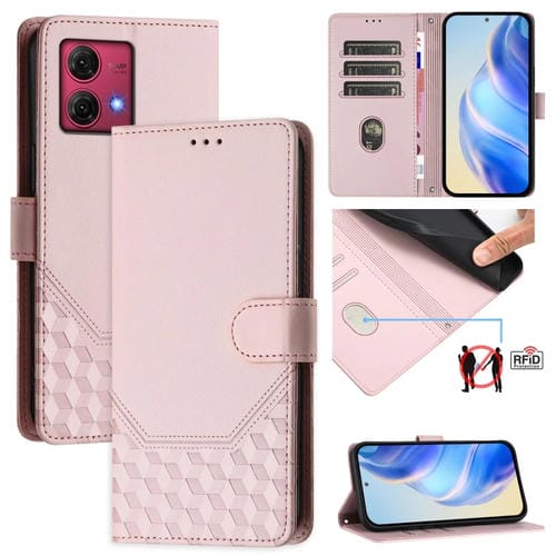 Funda de Cuero Rfid con Relieve en Panal para Motorola Moto G84 5G (Rosa)