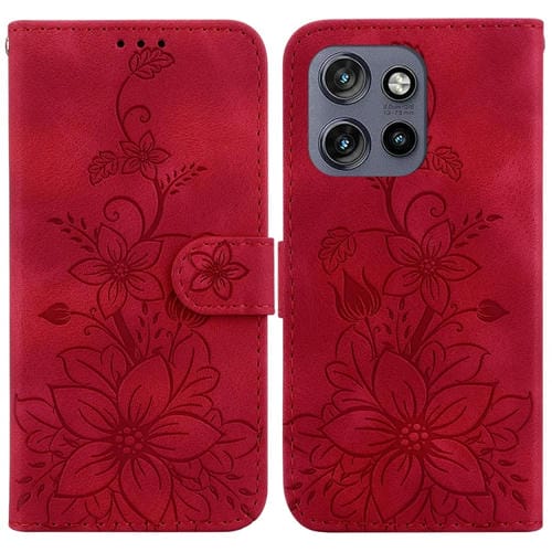 Funda de Cuero con Relieve de Lirio para Motorola Edge 50 Neo 5G Global (Rojo)