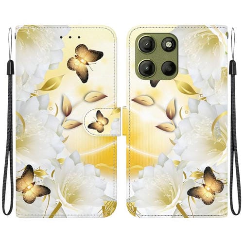 Funda de Cuero con Dibujo y Textura de Cristal para Motorola Moto G15 (Mariposa Dorada Epiphyllum)