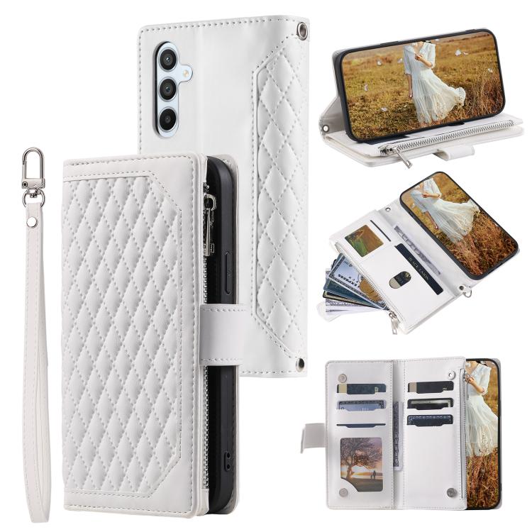 Funda de cuero con cremallera y cordón para Samsung Galaxy S25 FE 5G (textura de cuadrícula, blanco)