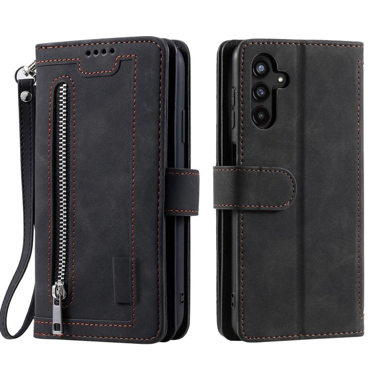 Funda de cuero con cremallera y cordón para Samsung Galaxy S25 FE 5G (negro)