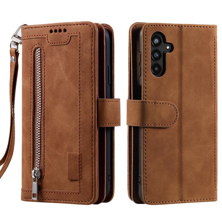 Funda de cuero con cremallera y cordón para Samsung Galaxy S25 FE 5G (marrón)