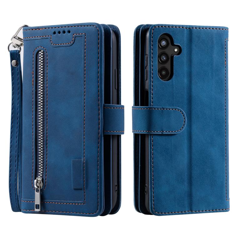 Funda de cuero con cremallera y cordón para Samsung Galaxy S25 FE 5G (azul)