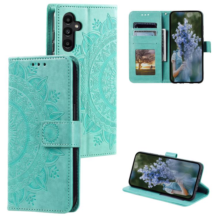 Funda de cuero con relieve de flor tótem y cordón para Samsung Galaxy S25 FE 5G (verde)