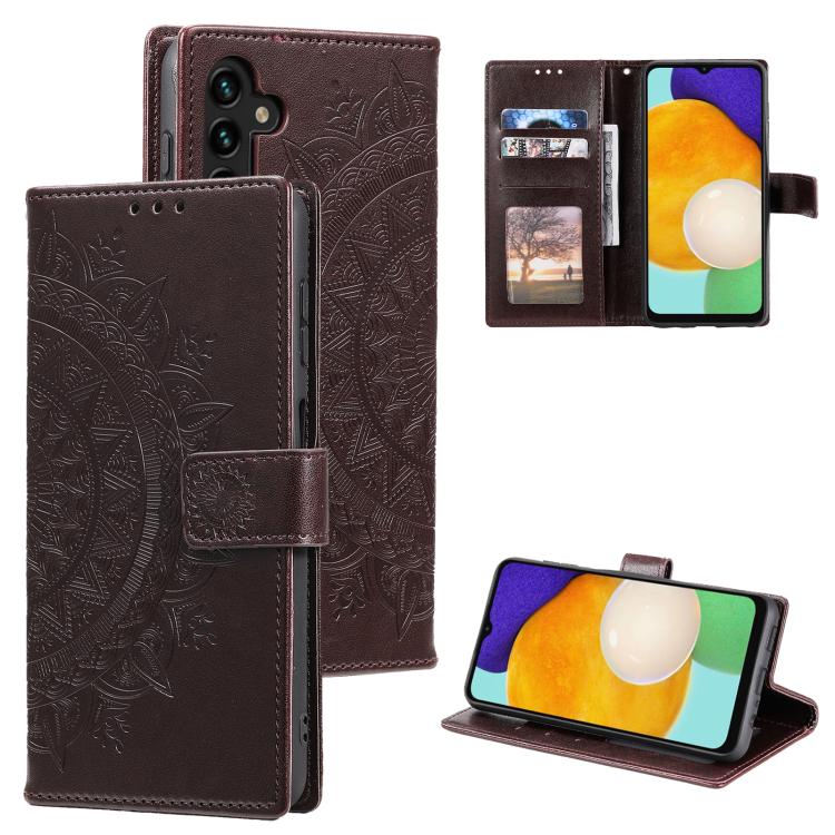Funda de cuero con relieve de flor tótem y cordón para Samsung Galaxy S25 FE 5G (marrón)