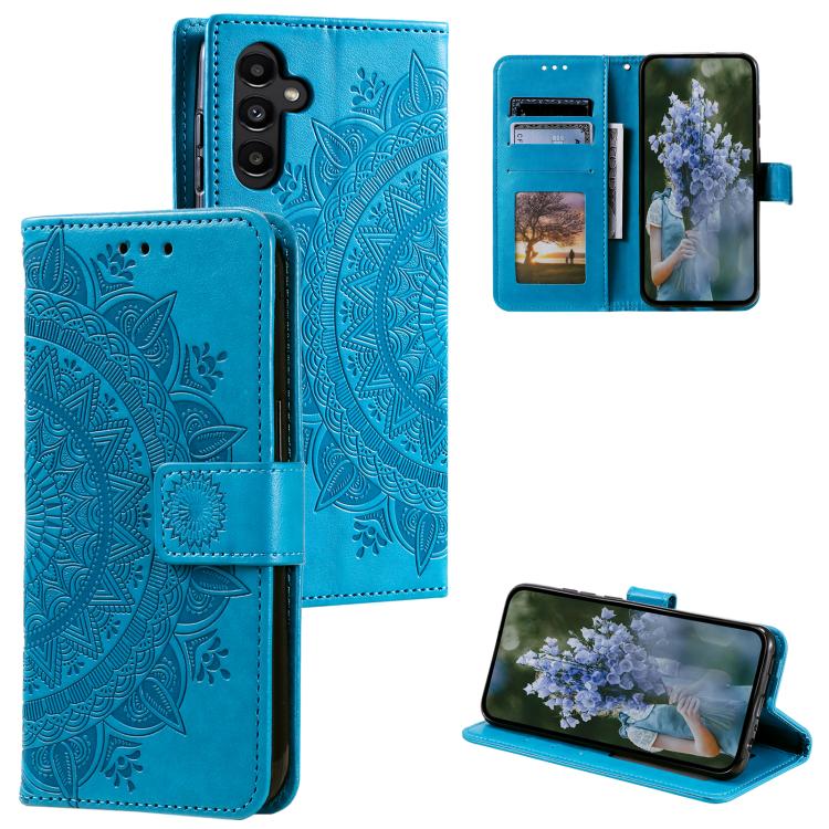 Funda de cuero con relieve de flor tótem y cordón para Samsung Galaxy S25 FE 5G (azul)