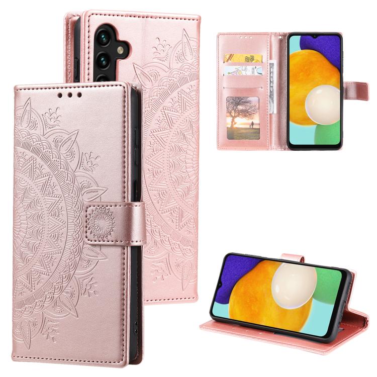 Funda de cuero con relieve de flor tótem y cordón para Samsung Galaxy S25 FE 5G (oro rosa)