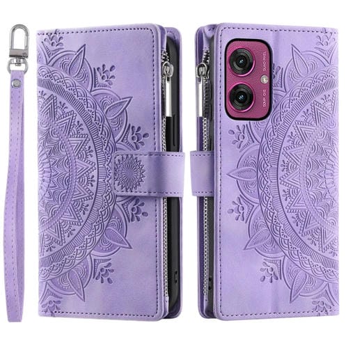 Funda de Cuero con Cremallera y Tarjetas para Motorola Moto G55 (Morado)