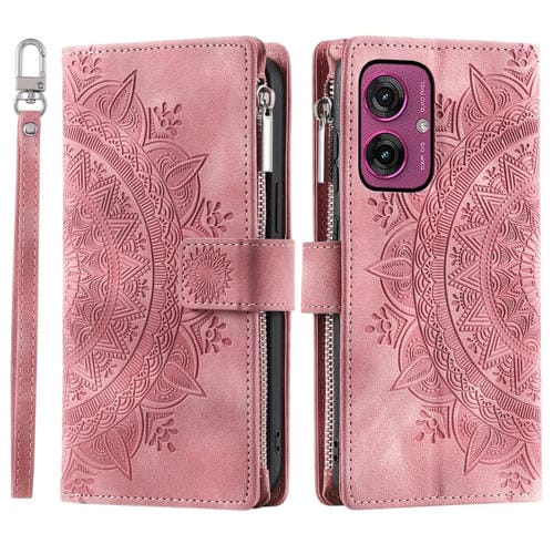 Funda de Cuero con Cremallera y Múltiples Tarjetas para Motorola Moto G55 (Rosa)