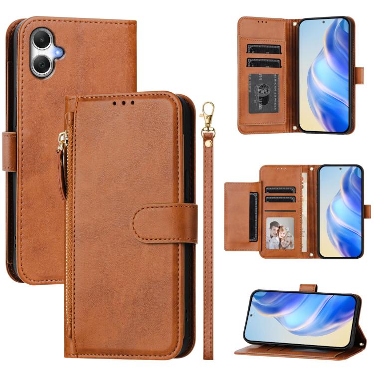 Funda de cuero con cremallera y ranuras para múltiples tarjetas para Samsung Galaxy A07 4G (marrón)