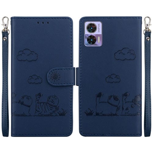 Funda de Cuero Rfid para Motorola Edge 30 Neo y 30 Lite con Diseño de Gatos (Azul)