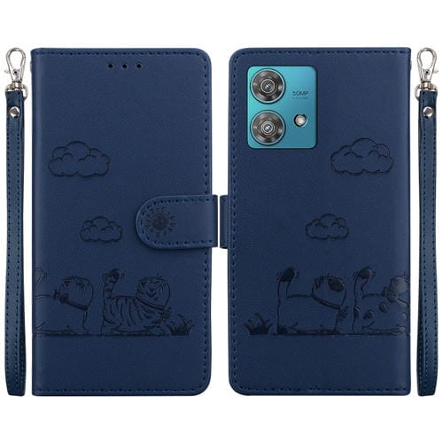 Funda de Cuero RFID para Motorola Edge 40 Neo con Diseño de Gatos (Azul)