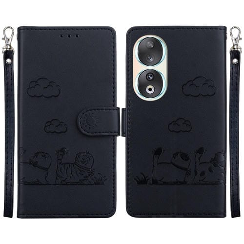 Funda de Cuero Rfid para Honor 90 con Diseño de Gatos (Negra)
