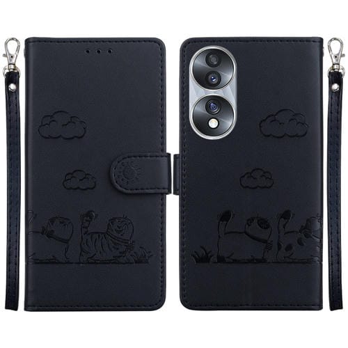 Funda de Cuero Rfid para Honor 70 con Diseño de Gatos (Negra)