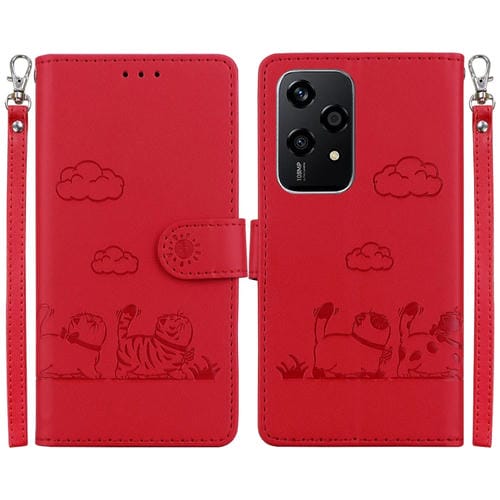 Funda de Cuero Rfid para Honor 200 Lite con Diseño de Gatos (Roja)
