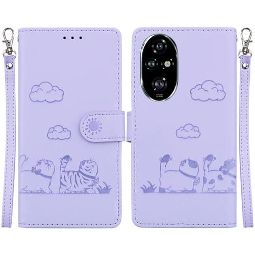 Funda de Cuero Rfid para Honor 200 Pro 5G con Diseño de Gatos (Morada)