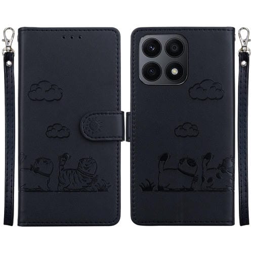 Funda de Cuero Rfid para Honor X8A con Diseño de Gatos (Negra)