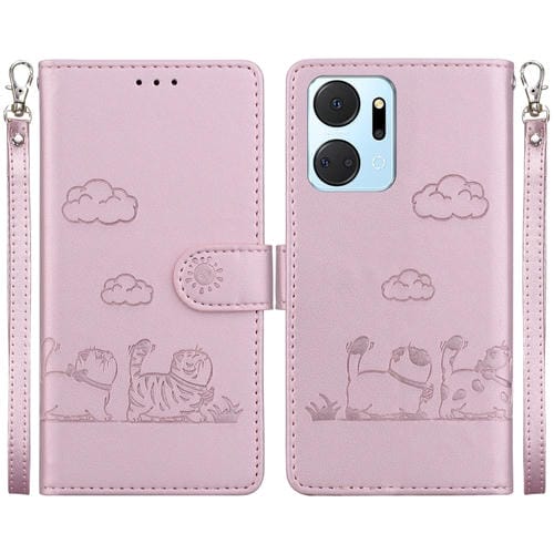Funda de Cuero Rfid para Honor X7A con Diseño de Gatos (Oro Rosa)