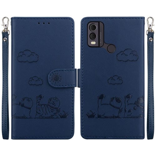 Funda de Cuero Rfid para Nokia C22 con Diseño de Gatos (Azul)