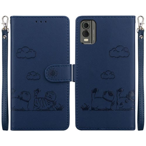 Funda de Cuero Rfid para Nokia C32 con Diseño de Gatos (Azul)