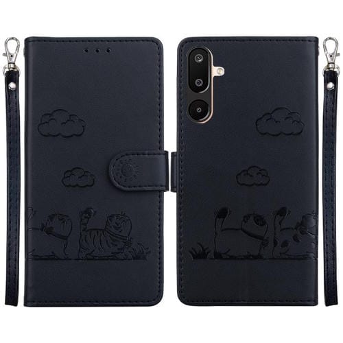 Funda de cuero RFID con diseño de gatos para Samsung Galaxy M16 5G / F16 5G / M36 5G (negra)