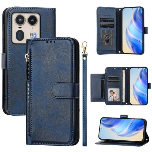 Funda de Cuero con Cremallera y Ranuras para Tarjetas para Motorola Edge 50 Ultra/Moto X50 Ultra (Azul)
