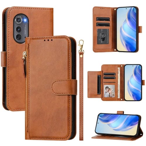 Funda de Cuero con Cremallera y Ranuras para Tarjetas para Motorola Edge 2022 / Edge 5G Uw 2022 (Marrón)