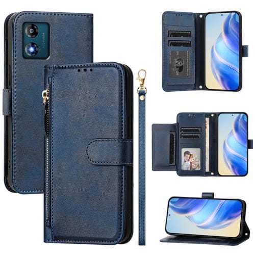 Funda de Cuero con Cremallera y Ranuras para Tarjetas para Motorola Moto E13 4G (2023) (Azul)